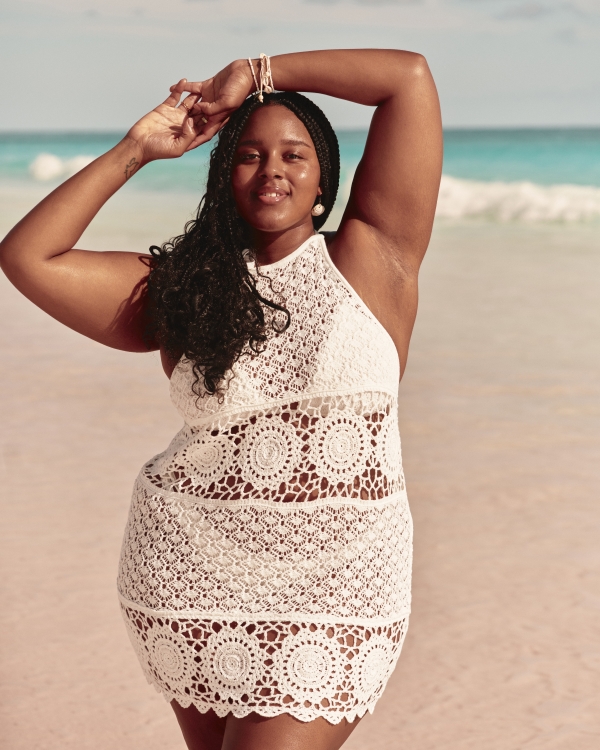 Crochet-Style Halter Cover Up Mini Dress, White view 1