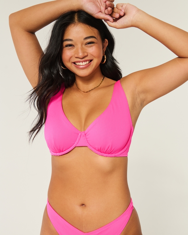 Curvy High Apex Ribbed Underwire Bikini Top, Neon Pink view 1