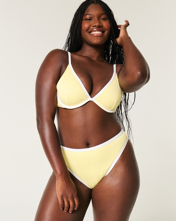 Curvy High-Leg High-Waist Ribbed Cheeky Bikini Bottom, Butter Yellow view 1