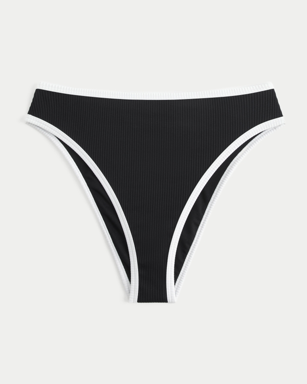 Curvy High-Leg High-Waist Ribbed Cheeky Bikini Bottom, Black view 2