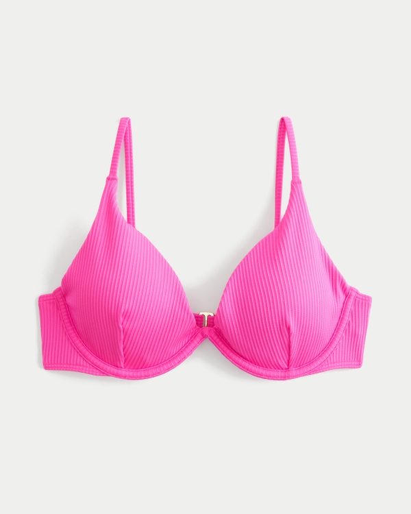 Ribbed Plunge Underwire Bikini Top, Neon Pink view 2