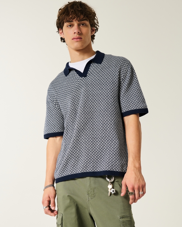 Boxy Short-Sleeve Sweater Polo, Navy Pattern view 1