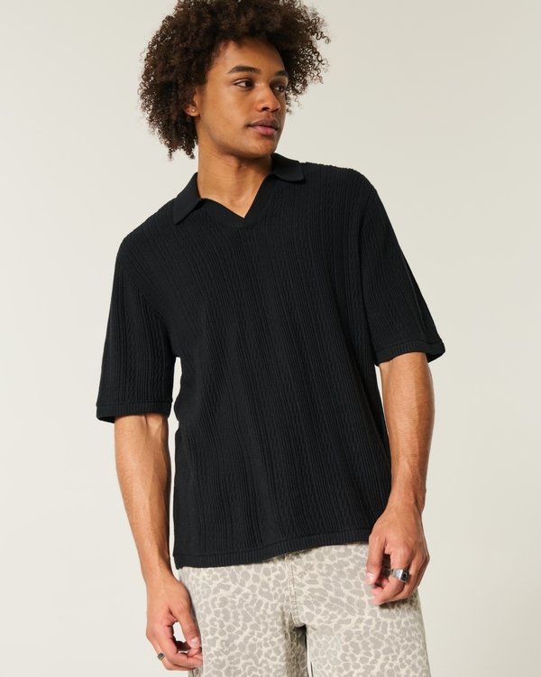 Boxy Short-Sleeve Sweater Polo, Black view 1