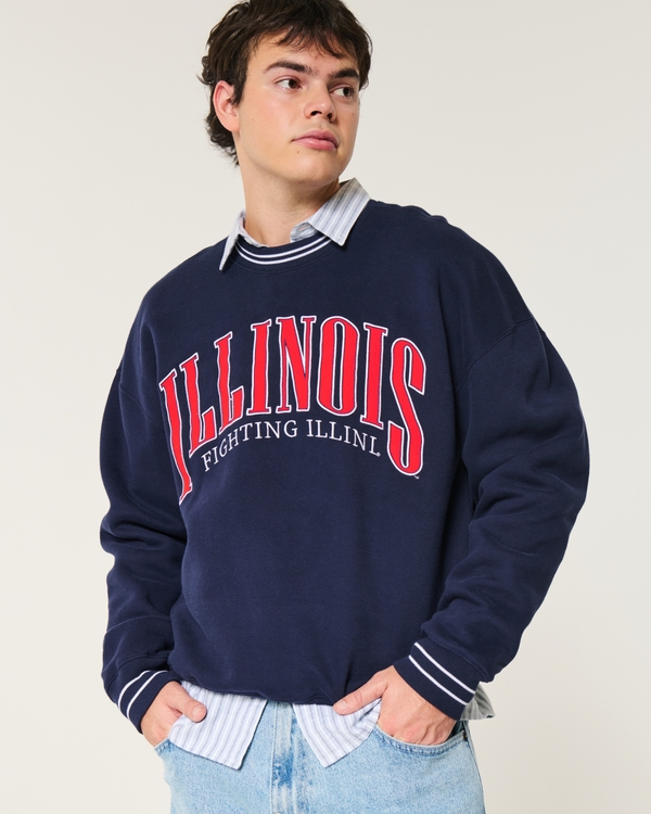 Boxy University of Illinois Fighting Illini Graphic Crew Sweatshirt, Dark Navy view 1