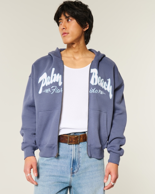 Boxy Zip-Up Palm Beach Graphic Sweatshirt, Light Navy view 1