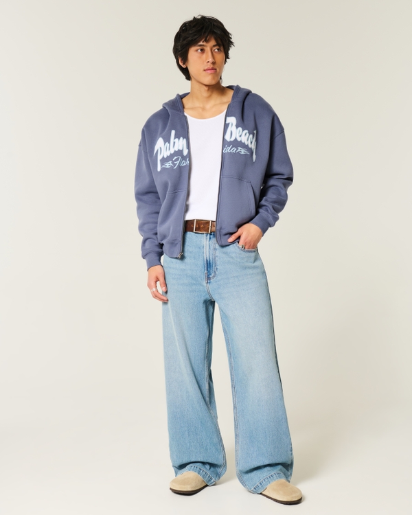 Boxy Zip-Up Palm Beach Graphic Sweatshirt, Light Navy view 2