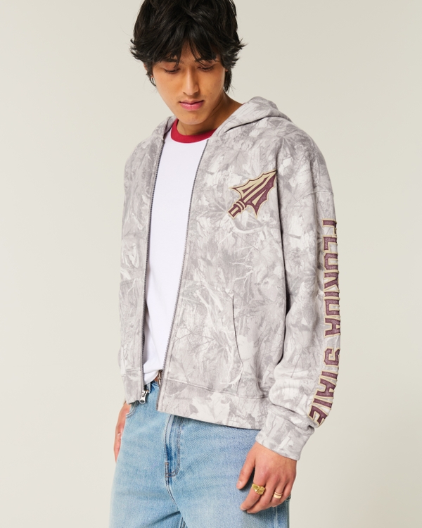 Boxy Zip-Up Florida State University Graphic Camo Hoodie, Cream Camo view 2