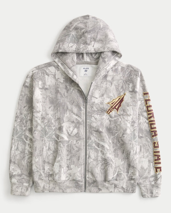 Boxy Zip-Up Florida State University Graphic Camo Hoodie, Cream Camo view 1