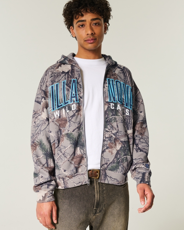 Boxy Zip-Up Villanova Wildcats Graphic Camo Hoodie, Light Brown Camo view 1