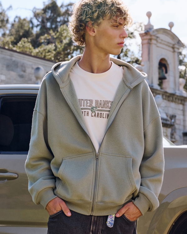 Boxy Zip-Up Hoodie, Sage view 1