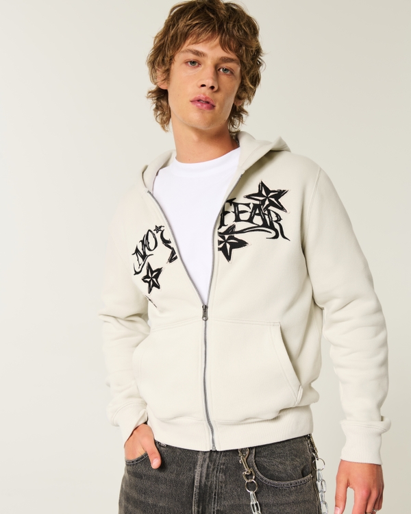 Shrunken No Fear Graphic Zip-Up Hoodie, Cream view 2