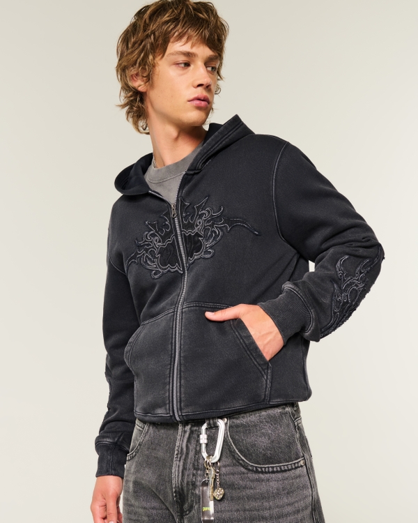 Shrunken Graphic Zip-Up Hoodie, Faded Black view 2