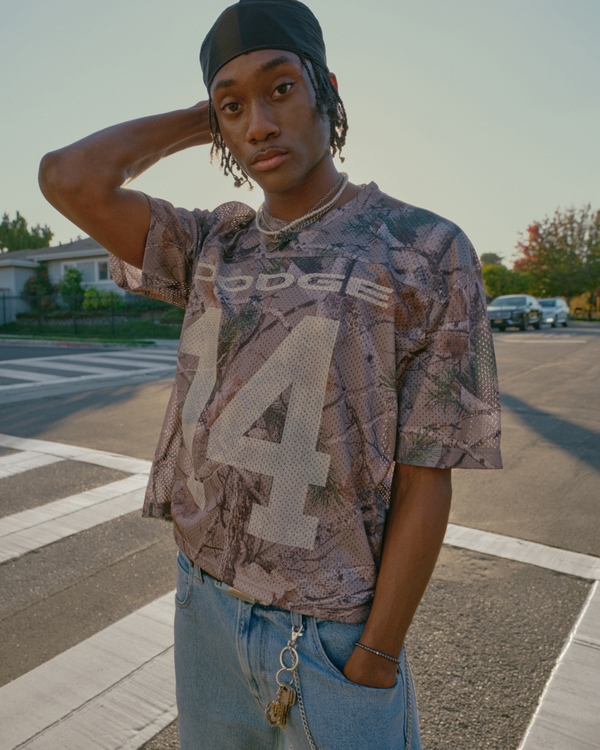 Boxy Crop Camo Dodge Graphic Jersey, Tan Camo view 1