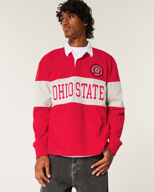 Boxy Heavyweight Ohio State Graphic Rugby Polo, Scarlet Stripe view 1