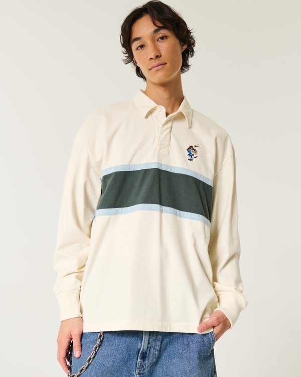 Boxy Heavyweight Tasmanian Devil Graphic Rugby Polo, Cream view 1