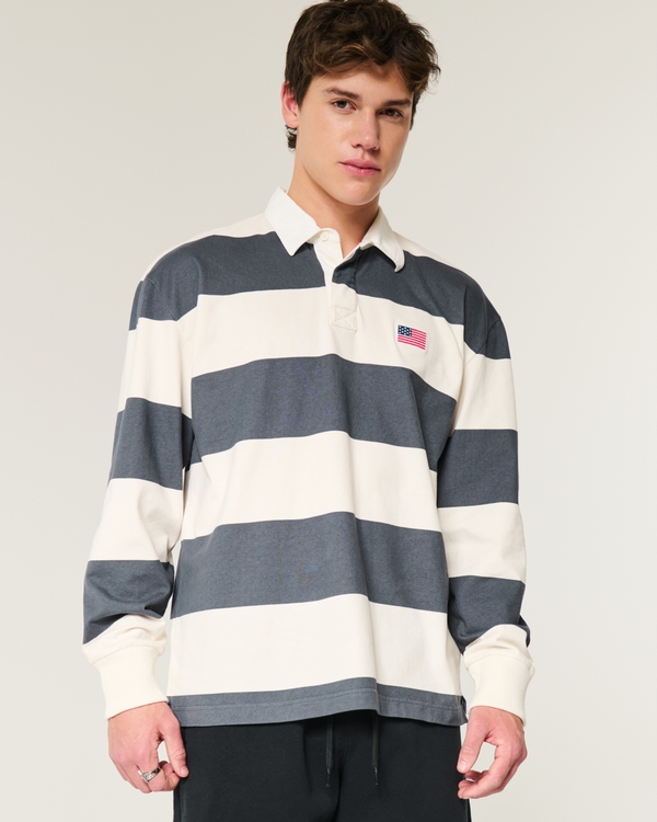 Boxy Heavyweight Rugby Polo, Cream And Dark Gray Stripe view 2