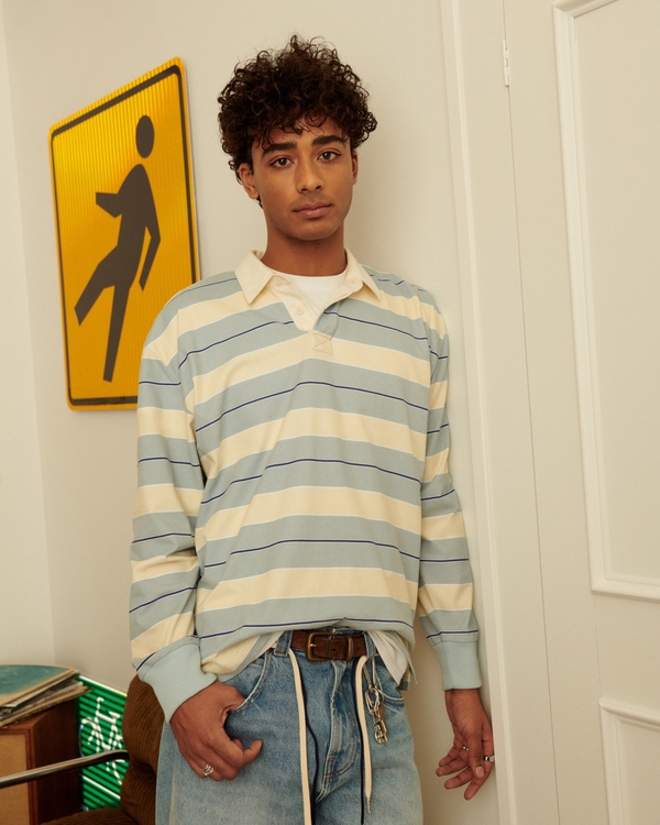 Boxy Heavyweight Rugby Polo, Light Blue And Cream view 1