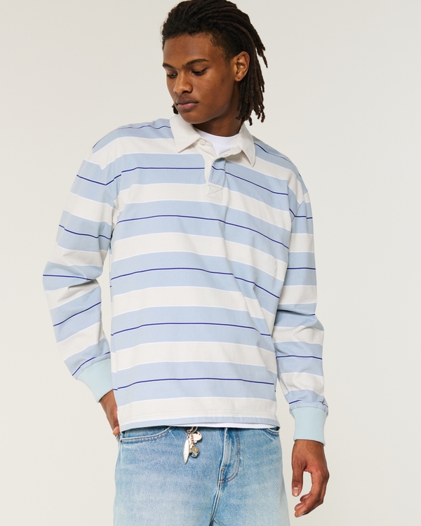 Boxy Heavyweight Rugby Polo, Light Blue And Cream view 2