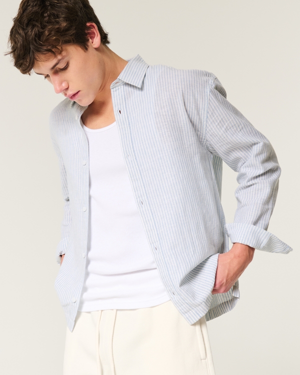 Linen-Blend Button-Through Shirt, Light Blue Stripe view 1
