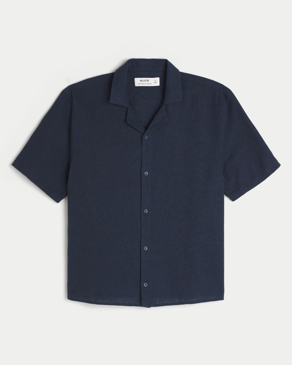 Short-Sleeve Linen Blend Boxy Shirt, Navy Blue view 1