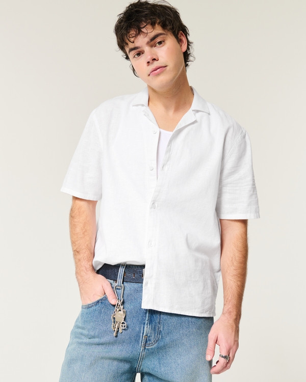 Boxy Short-Sleeve Linen-Blend Shirt, White view 1