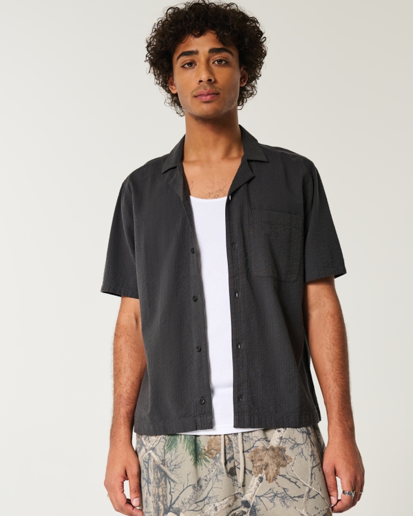 Short-Sleeve Seersucker Shirt, Black view 1