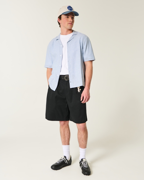 Boxy Linen-Blend Short-Sleeve Shirt, Light Heather Blue view 2