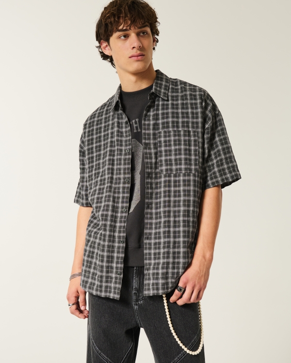 Baggy Short-Sleeve Shirt, Black Plaid view 2