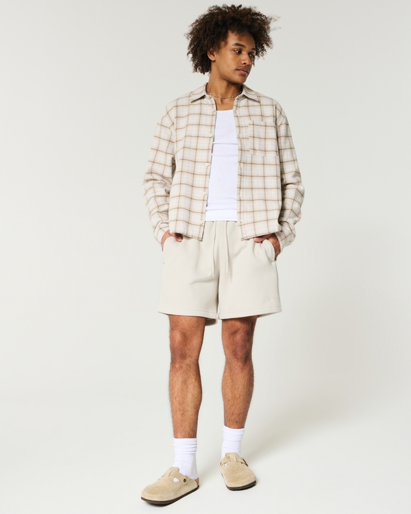 Hollister Feel Good Fleece Mid-Thigh Loose Shorts, Light Tan view 1