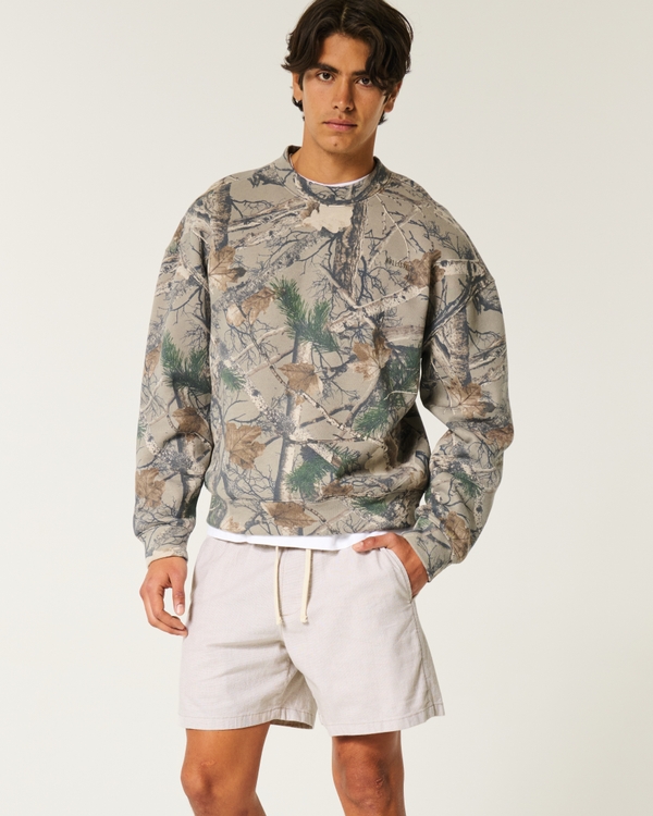 Mid-Thigh Linen-Blend Pull-On Shorts, Beige view 1