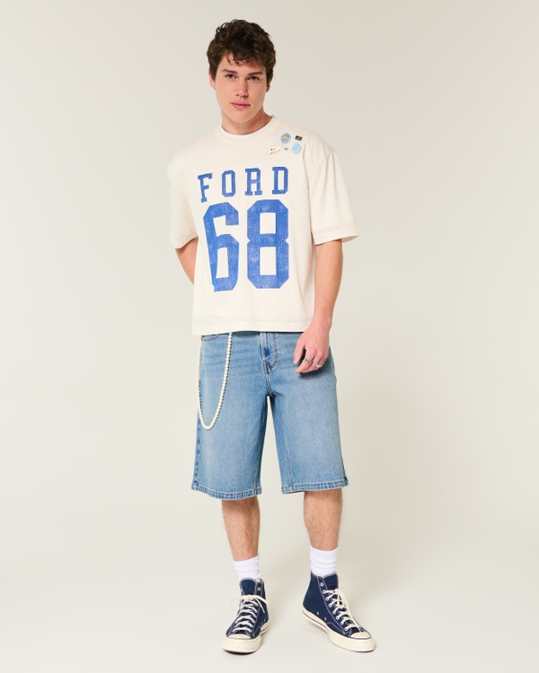 Below-the-Knee Medium Wash Super Baggy Denim Shorts, Bright Medium view 1