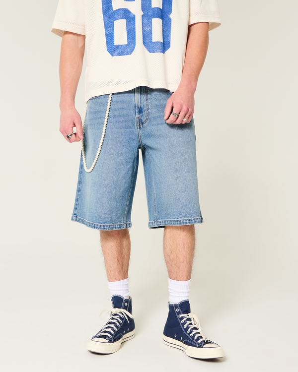Below-the-Knee Medium Wash Super Baggy Denim Shorts, Bright Medium view 2