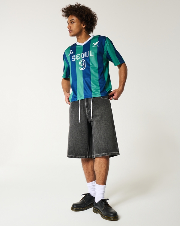 Below-the-Knee Washed Black Super Baggy Denim Shorts, Black view 1