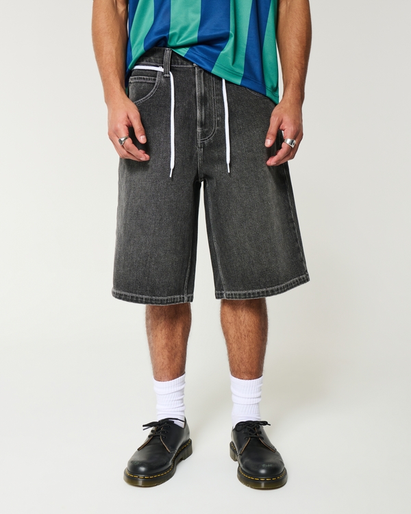 Below-the-Knee Washed Black Super Baggy Denim Shorts, Black view 2
