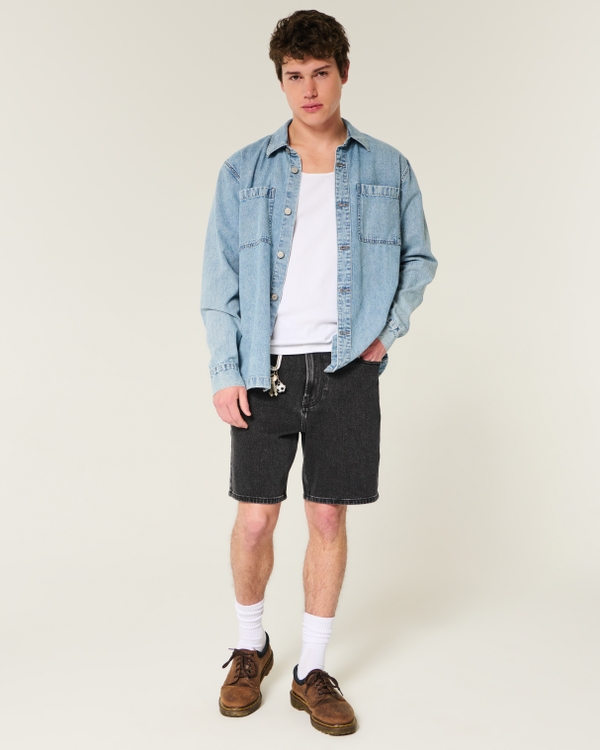 Above-the-Knee Loose Denim Shorts, Washed Black view 2
