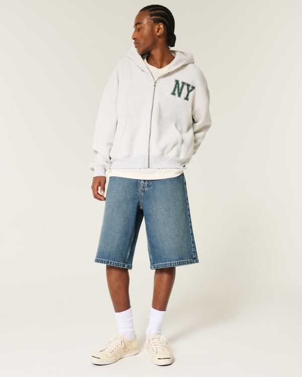 Below-the-Knee Dark Wash Super Baggy Denim Shorts, Dark Medium view 1