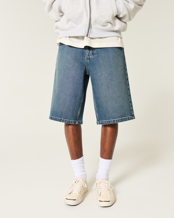 Below-the-Knee Dark Wash Super Baggy Denim Shorts, Dark Medium view 2