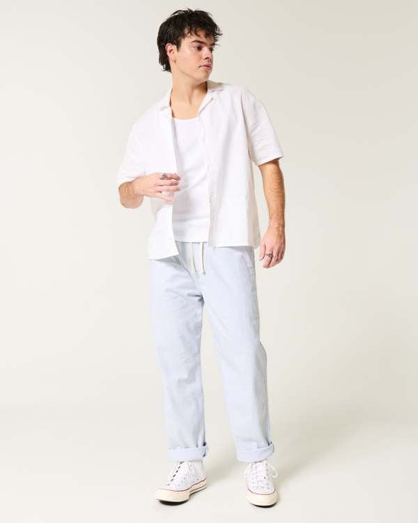Linen-Blend Loose Pull-On Pants, Navy Micro Stripe view 1