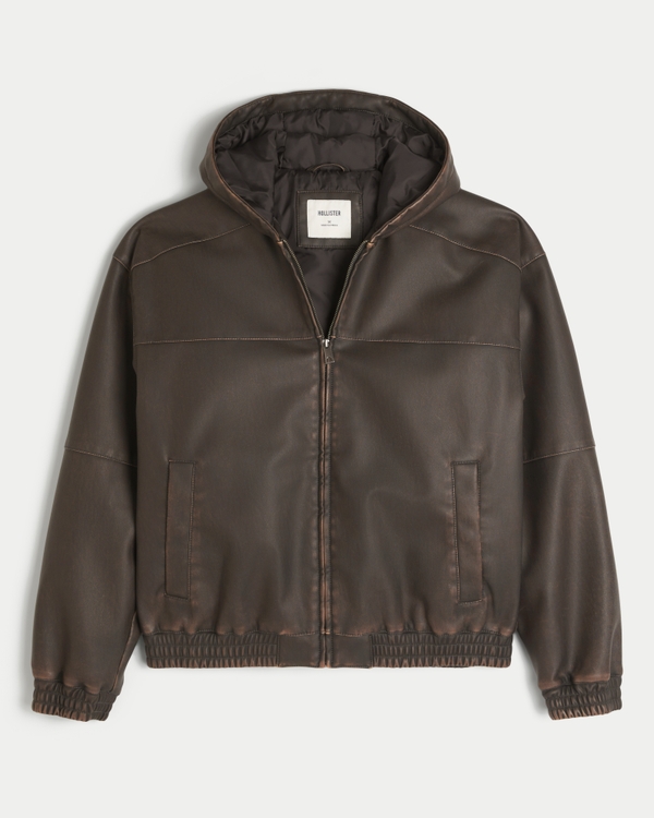Hooded Vegan Leather Jacket, Dark Brown view 1