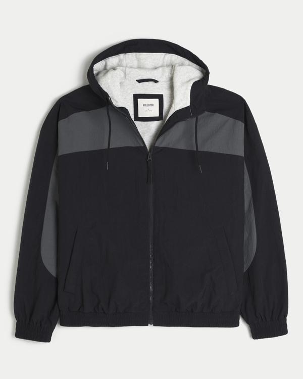 Hooded Fleece-Lined Windbreaker, Black view 1