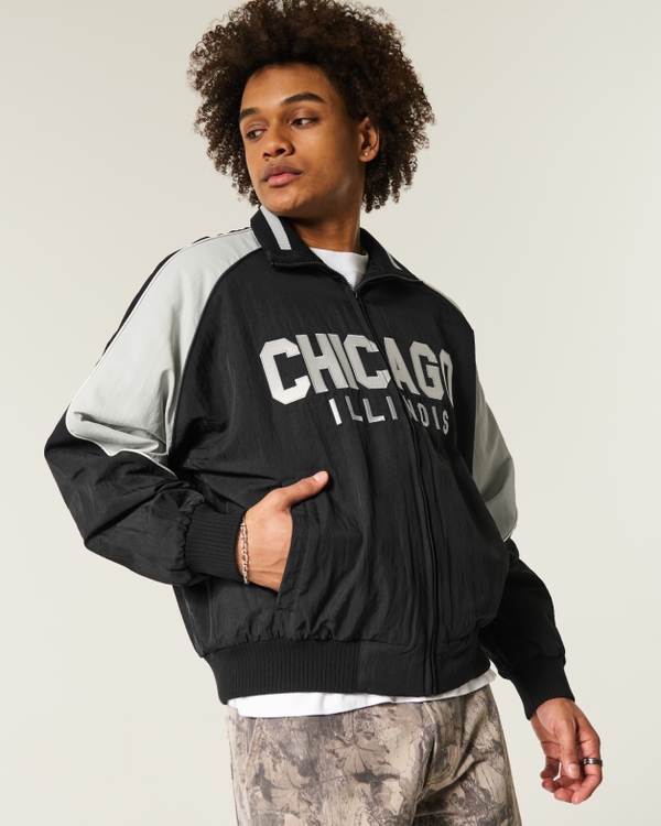 Lined Chicago Graphic Track Jacket, Black view 1