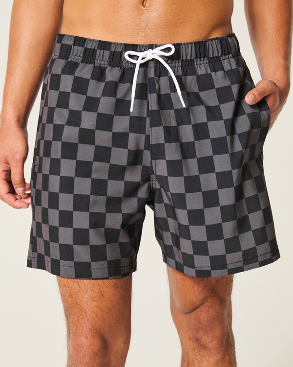 Mid-Thigh Volley Swim Trunks, Black Check view 1