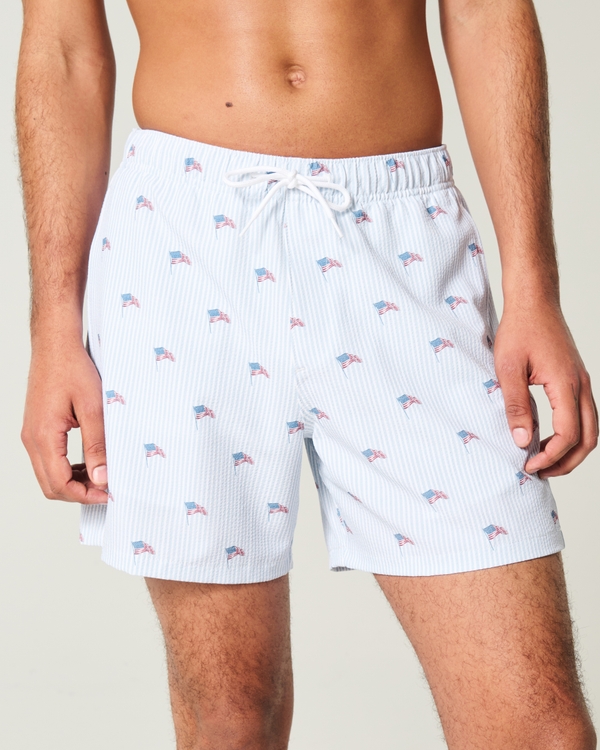 Mid-Thigh Seersucker Volley Swim Trunks, Light Blue Print view 1