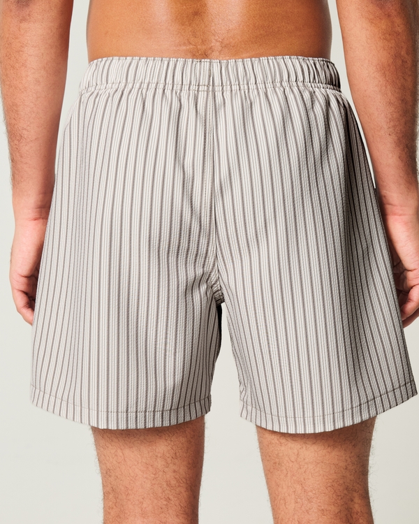 Mid-Thigh Seersucker Volley Swim Trunks, Light Brown Stripe view 2