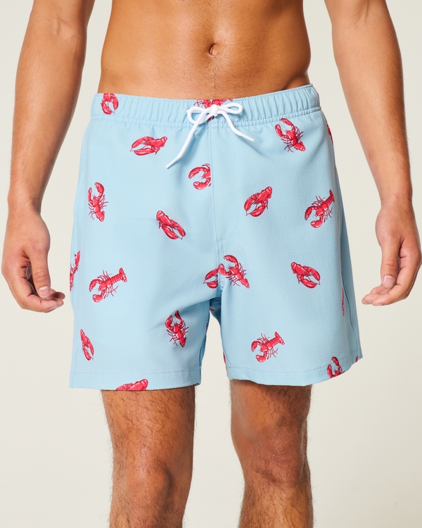 Mid-Thigh Seersucker Volley Swim Trunks, Light Blue Print view 1