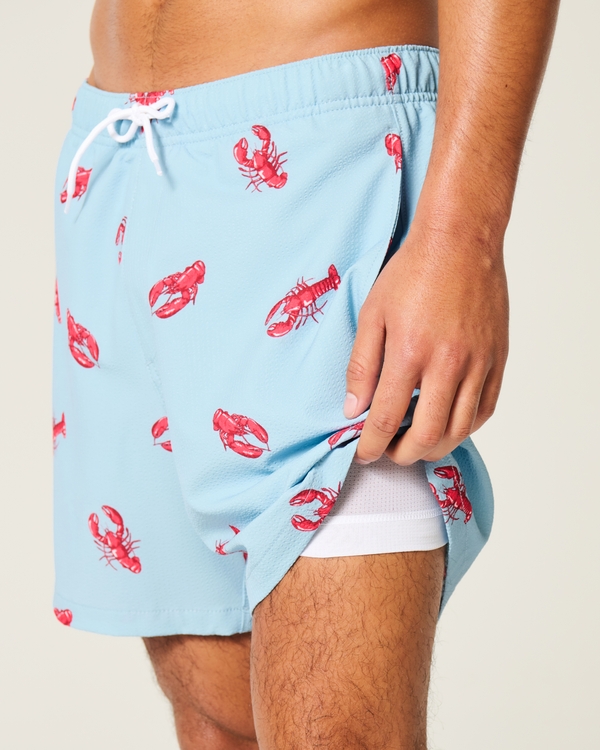 Mid-Thigh Seersucker Volley Swim Trunks, Light Blue Print view 2