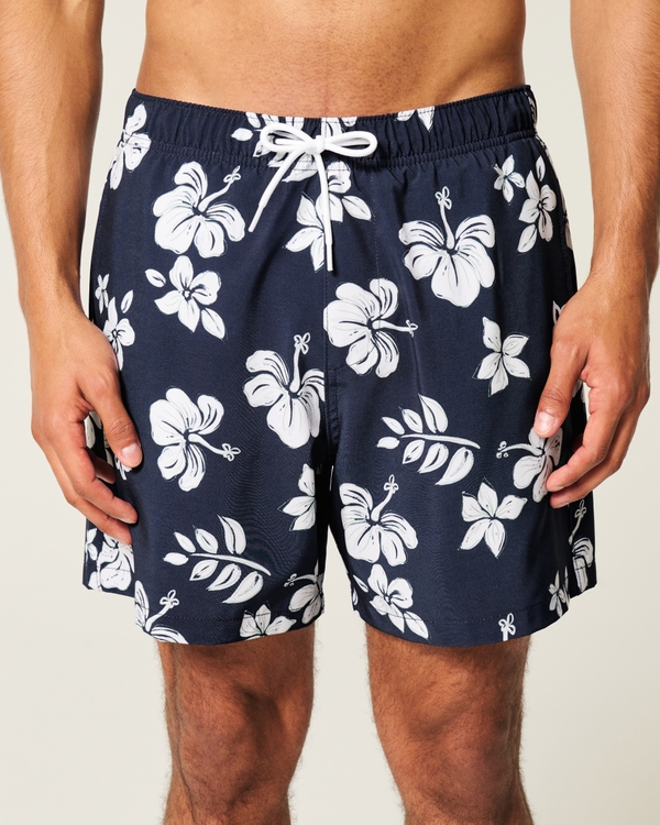 Mid-Thigh Volley Swim Trunks, Navy Print view 1