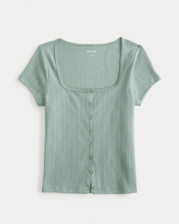 Short-Sleeve Button-Through Pointelle Top, Sage Green view 1