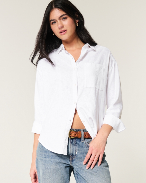 Oversized Linen-Blend Shirt, White view 1