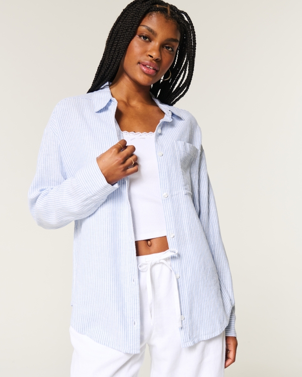 Oversized Linen-Blend Shirt, Light Blue Stripe view 1